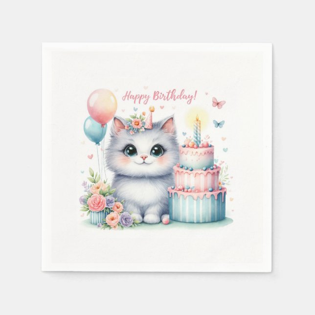 Cute Pastel Kitten Birthday Cake - Birthday Napkin (Front)