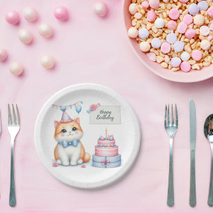 Cute Pastel Kitten Birthday Cake - Birthday Paper Plate