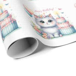 Cute Pastel Kitten Birthday Cake - Birthday Wrapping Paper