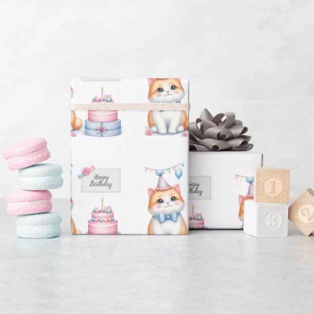 Cute Pastel Kitten Birthday Cake - Birthday Wrapping Paper (Baby Shower)