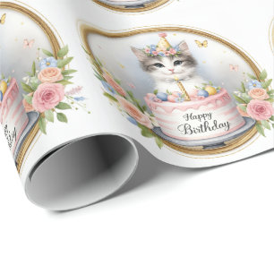 Cute Pastel Kitten Birthday Cake - Birthday Wrapping Paper