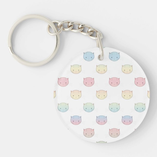Cute Pastel Kitty Cat Faces Pattern Key Ring (Front)