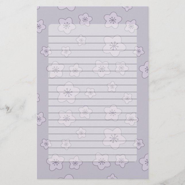 Cute Pastel Lavender Silver Cherry Blossom Pattern Stationery (Front)