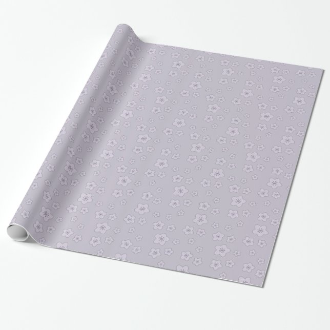 Cute Pastel Lavender Silver Cherry Blossom Pattern Wrapping Paper (Unrolled)