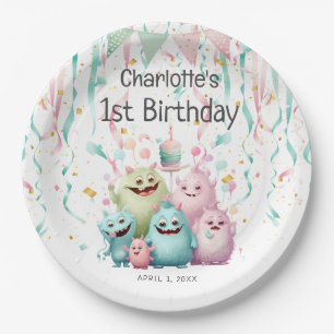 Cute Pastel Little Monsters Girl's 1st Birthday Paper Plate
