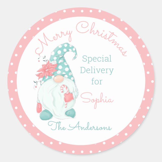 Cute Pastel Merry Christmas Customised Name Gnome  Classic Round Sticker (Front)