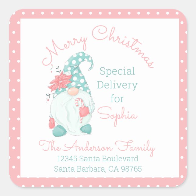 Cute Pastel Merry Christmas Customised Name Gnome  Square Sticker (Front)