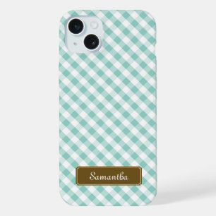 Cute Pastel Mint Gingham Pattern iPhone 15 Plus Case