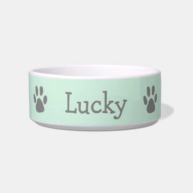 Cute Pastel Mint Green and Grey Paw Print Pet Bowl (Front)