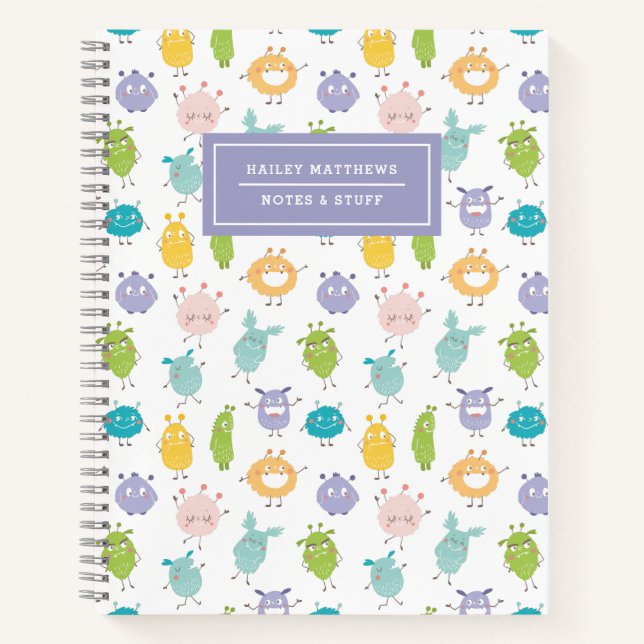 Cute Pastel Monsters Pattern Name Notebook (Front)