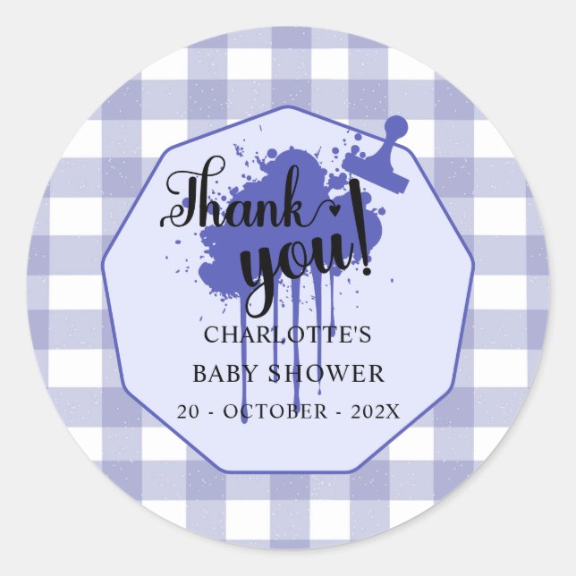 Cute Pastel Navy Gingham Baby Shower Classic Round Sticker (Front)