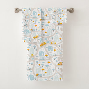 Cute Pastel Neighbourhood Map Pattern Bath Towel Set