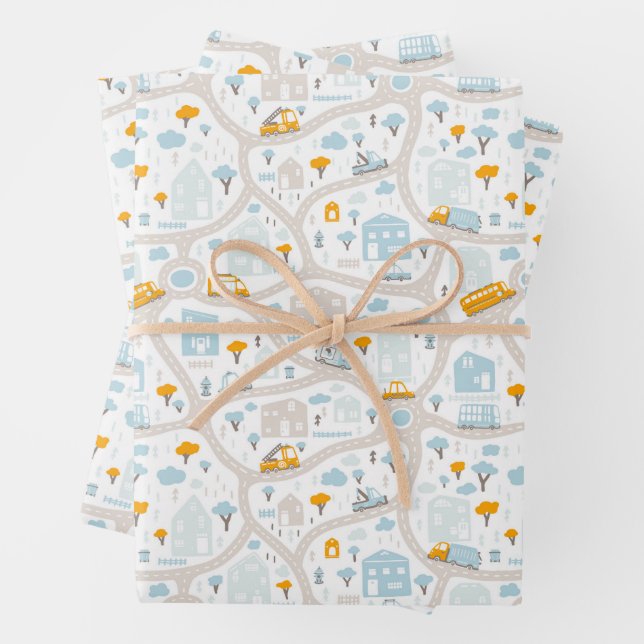 Cute Pastel Neighbourhood Map Pattern Wrapping Paper Sheet (In situ)