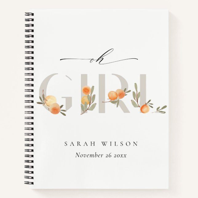 Cute Pastel Orange Floral Boho Oh Girl Baby Shower Notebook (Front)