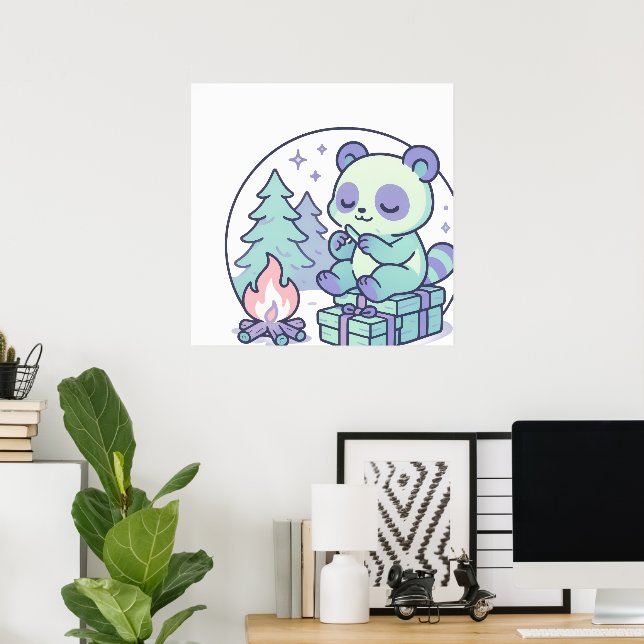 Cute Pastel Panda by the Campfire with Gifts Poster (Home Office)