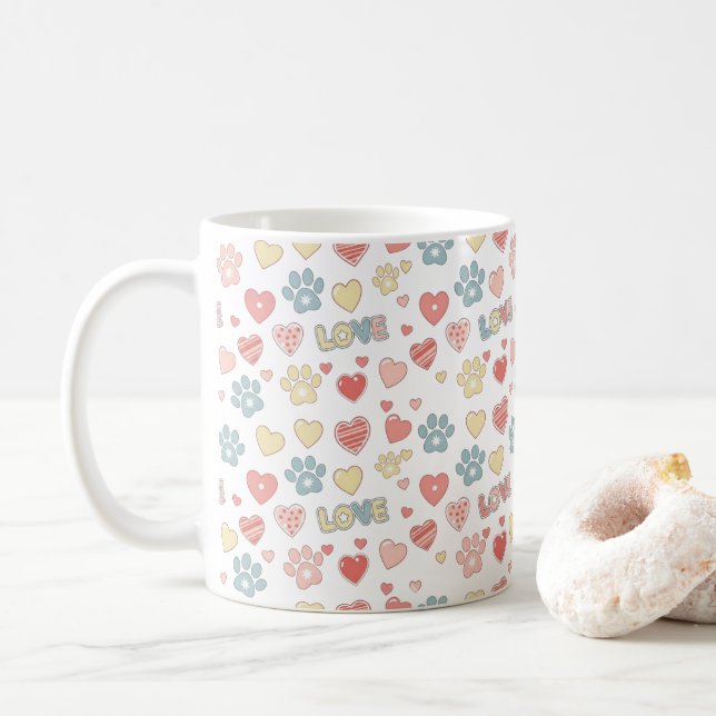 Cute Pastel Paw Prints and Hearts "LOVE" Pattern  Coffee Mug (With Donut)