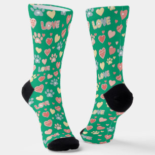 Cute Pastel Paw Prints and Hearts Pattern "LOVE"  Socks