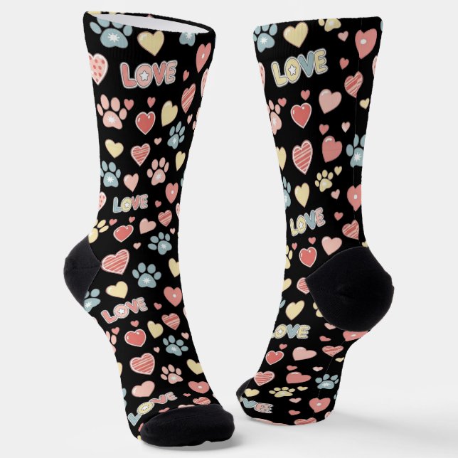 Cute Pastel Paw Prints and Hearts Pattern "LOVE"  Socks (Angled)