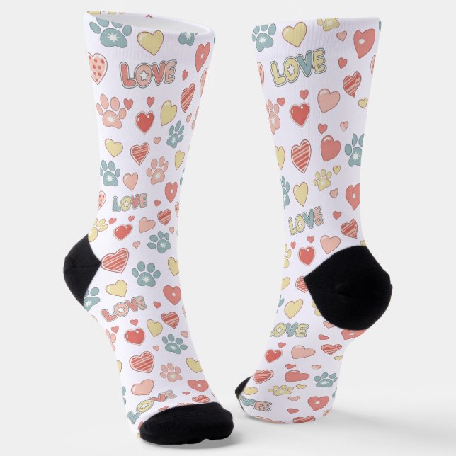 Cute Pastel Paw Prints and Hearts Pattern "LOVE"  Socks (Angled)