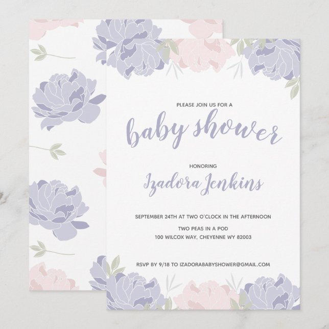 Cute Pastel Peonies Baby Shower Party Invitation (Front/Back)