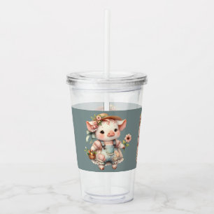 Cute Pastel Piglet in Cottagecore Overalls Acrylic Tumbler