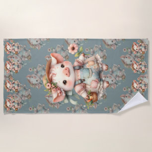 Cute Pastel Piglet in Cottagecore Overalls Beach Towel
