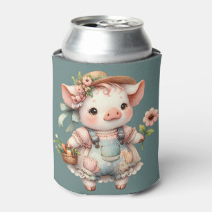 Cute Pastel Piglet in Cottagecore Overalls Can Cooler