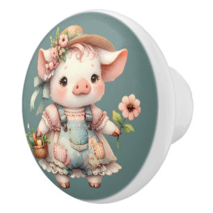 Cute Pastel Piglet in Cottagecore Overalls Ceramic Knob