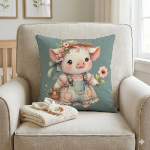 Cute Pastel Piglet in Cottagecore Overalls Cushion