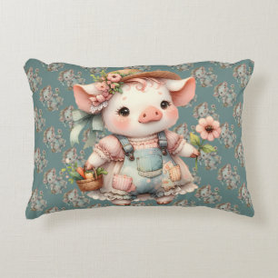Cute Pastel Piglet in Cottagecore Overalls Decorative Cushion