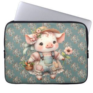 Cute Pastel Piglet in Cottagecore Overalls Laptop Sleeve