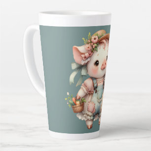 Cute Pastel Piglet in Cottagecore Overalls Latte Mug
