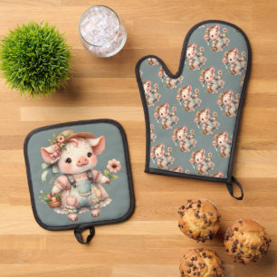 Cute Pastel Piglet in Cottagecore Overalls Oven Mitt & Pot Holder Set