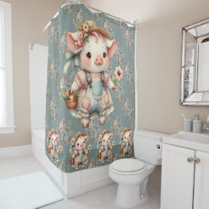 Cute Pastel Piglet in Cottagecore Overalls  Shower Curtain