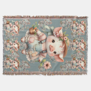 Cute Pastel Piglet in Cottagecore Overalls  Throw Blanket
