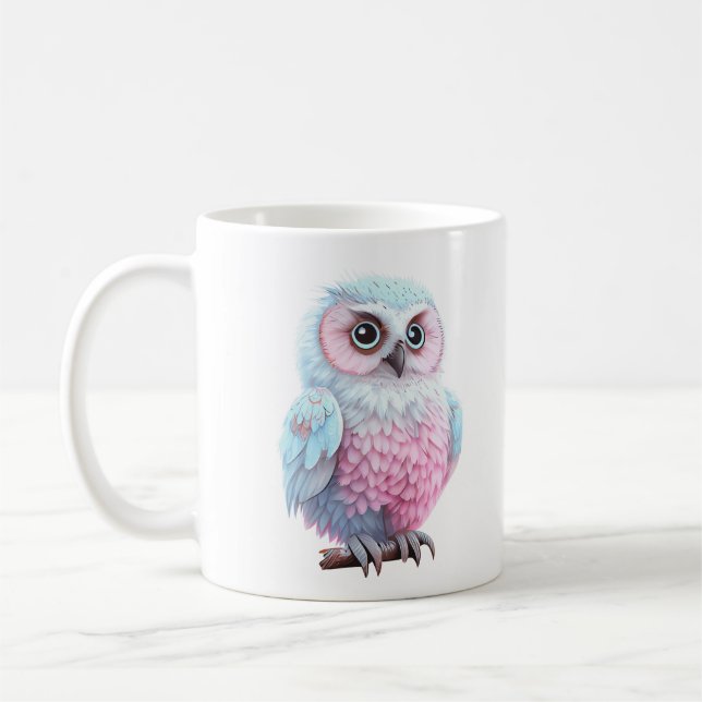 Cute Pastel Pink and Blue Cartoon Owl Coffee Mug (Left)