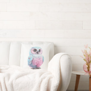 Cute Pastel Pink and Blue Cartoon Owl Cushion