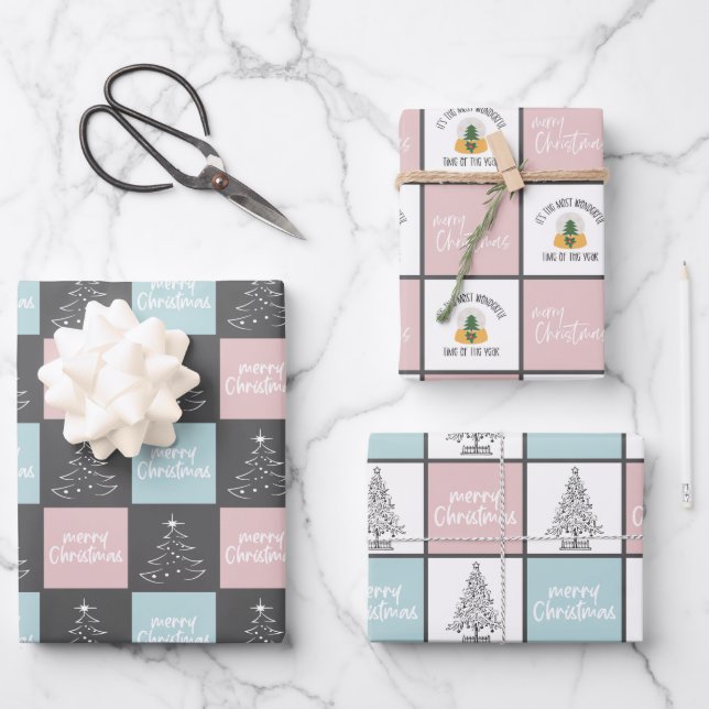 Cute pastel pink and Blue Christmas Pattern Wrapping Paper Sheet (Front)