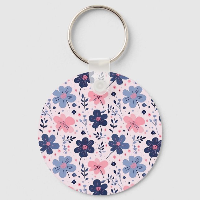 Cute Pastel Pink And Blue Floral Spring Garden Key Ring (Front)