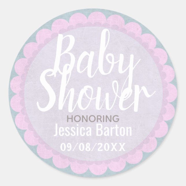 Cute Pastel Pink and Grey Custom Baby Shower Classic Round Sticker (Front)
