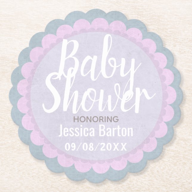 Cute Pastel Pink and Grey Custom Baby Shower Paper Coaster (Front)