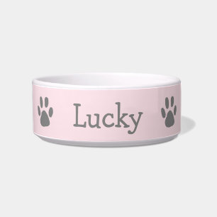 Cute Pastel Pink and Grey Paw Print Pet Bowl