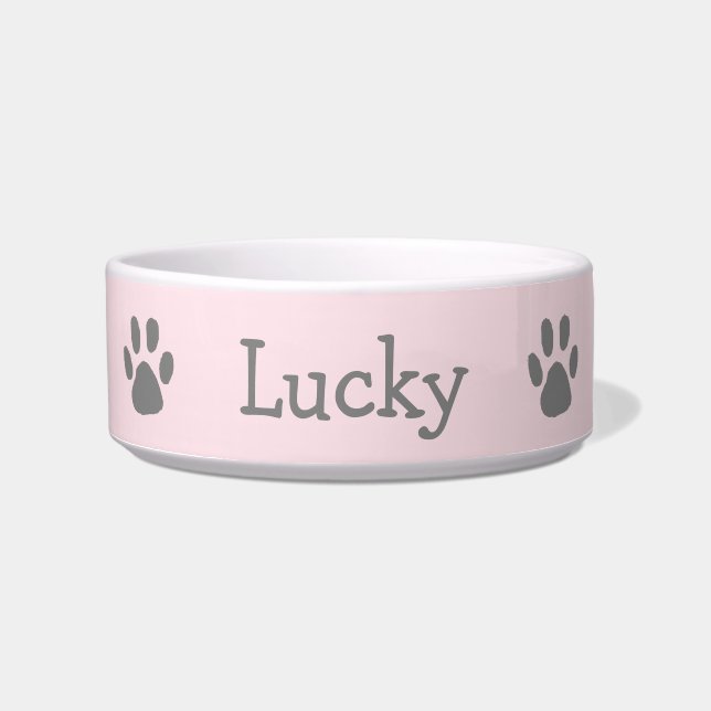 Cute Pastel Pink and Grey Paw Print Pet Bowl (Front)