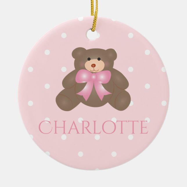Cute Pastel Pink Bear Cub Baby First Christmas Ceramic Tree Decoration (Front)