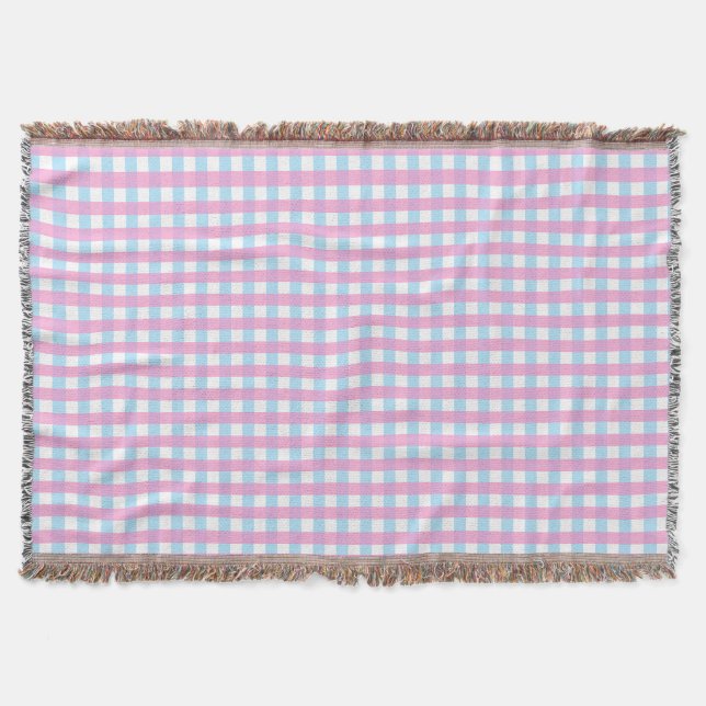 Cute Pastel Pink Blue Gingham Check Throw Blanket (Front)