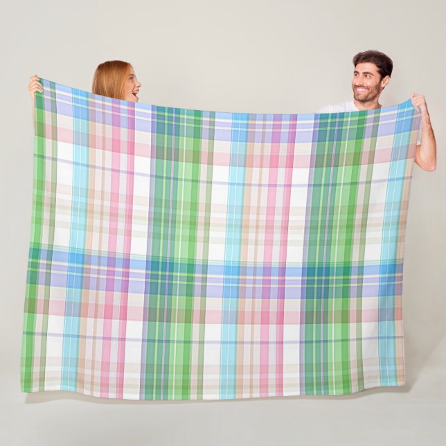 Cute Pastel Pink Blue Green Tartan Plaid Pattern Fleece Blanket (In Situ)