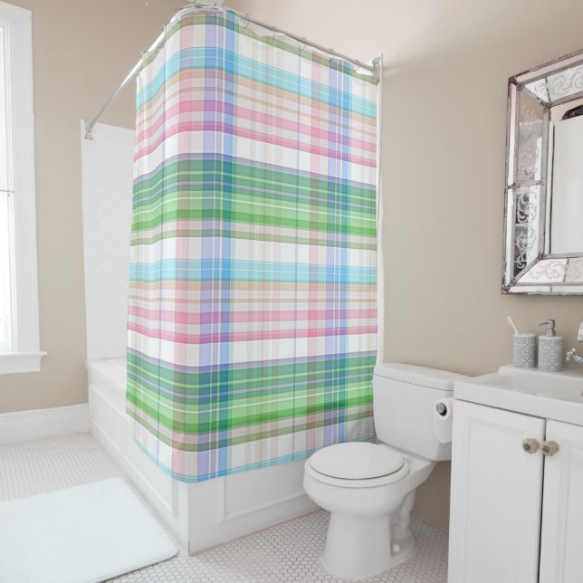 Cute Pastel Pink Blue Green Tartan Plaid Pattern Shower Curtain (In Situ)
