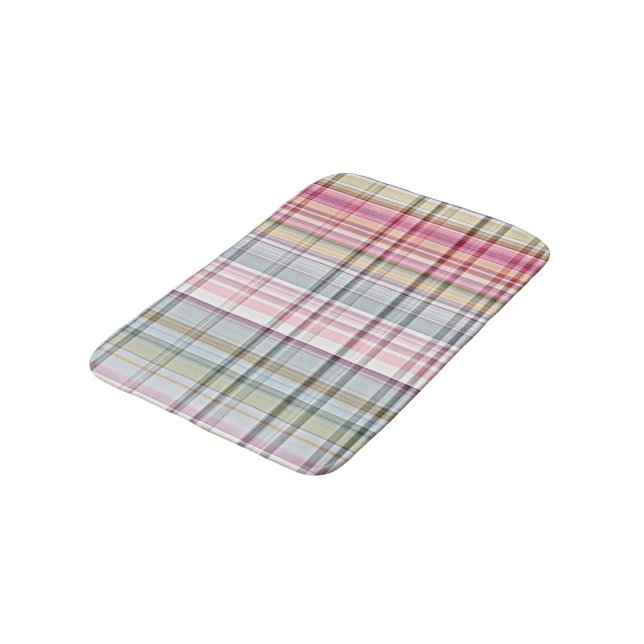 Cute Pastel Pink Blue Retro Tartan Plaid Pattern Bath Mat (Angled)