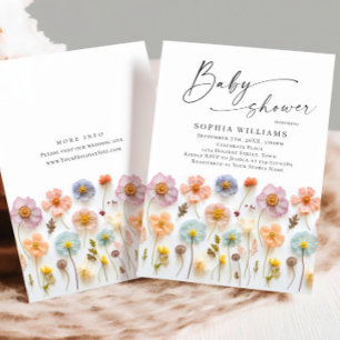 Cute Pastel Pink Boho Wild Flowers Baby Shower Invitation