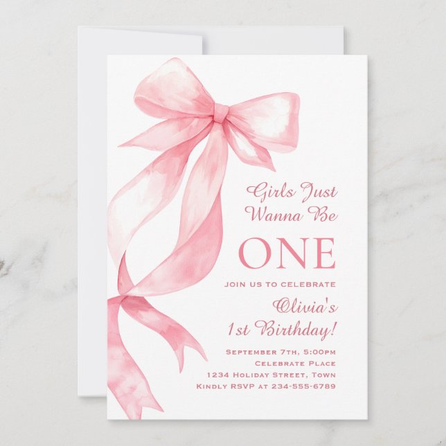 Cute Pastel Pink Bow Coquette Baby Girl Birthday Invitation (Front)